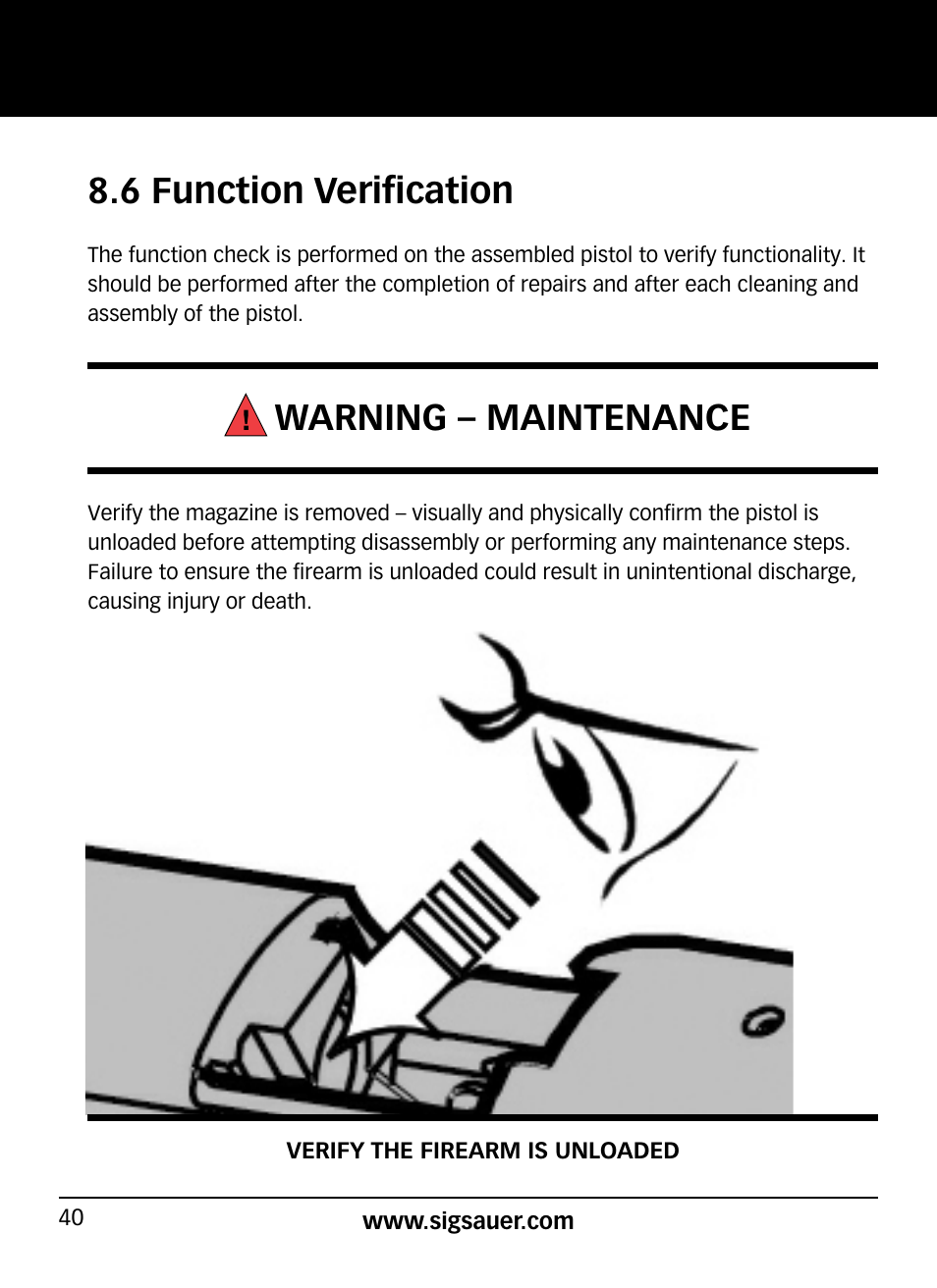 6 function verification, Warning – maintenance | SIG SAUER P320 User Manual | Page 40 / 68