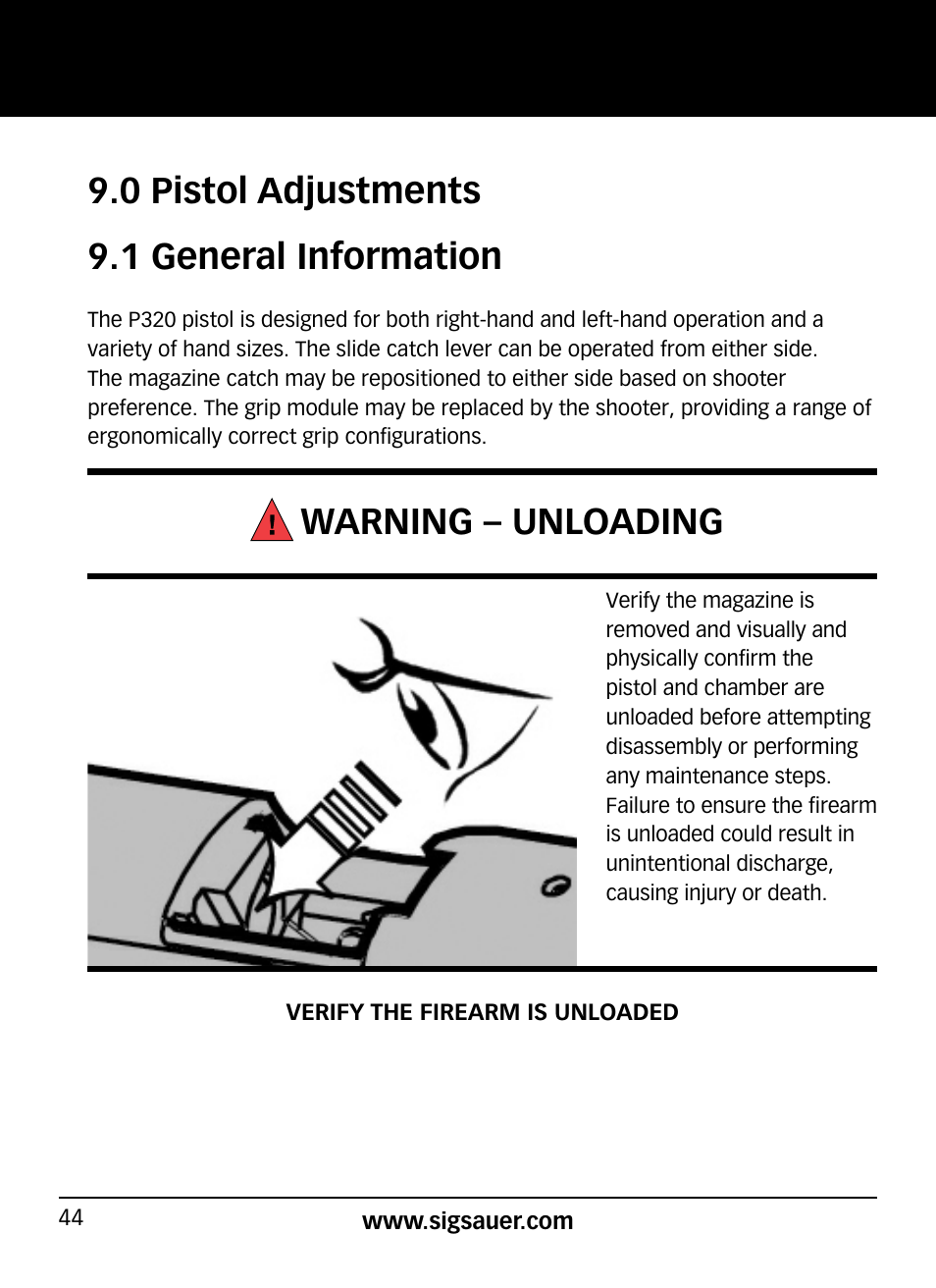 0 pistol adjustments 9.1 general information, Warning – unloading | SIG SAUER P320 User Manual | Page 44 / 68