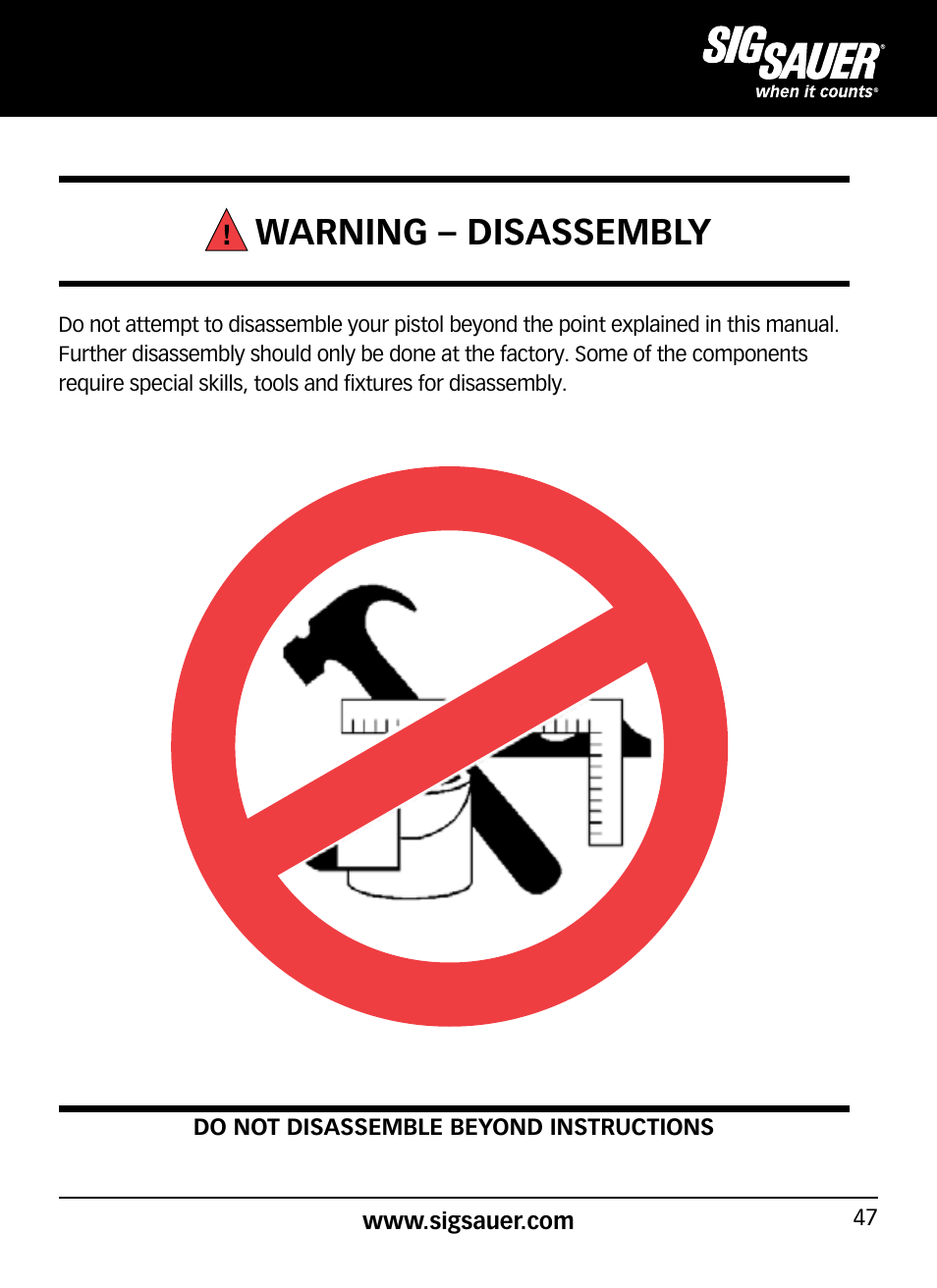 Warning – disassembly | SIG SAUER P320 User Manual | Page 47 / 68