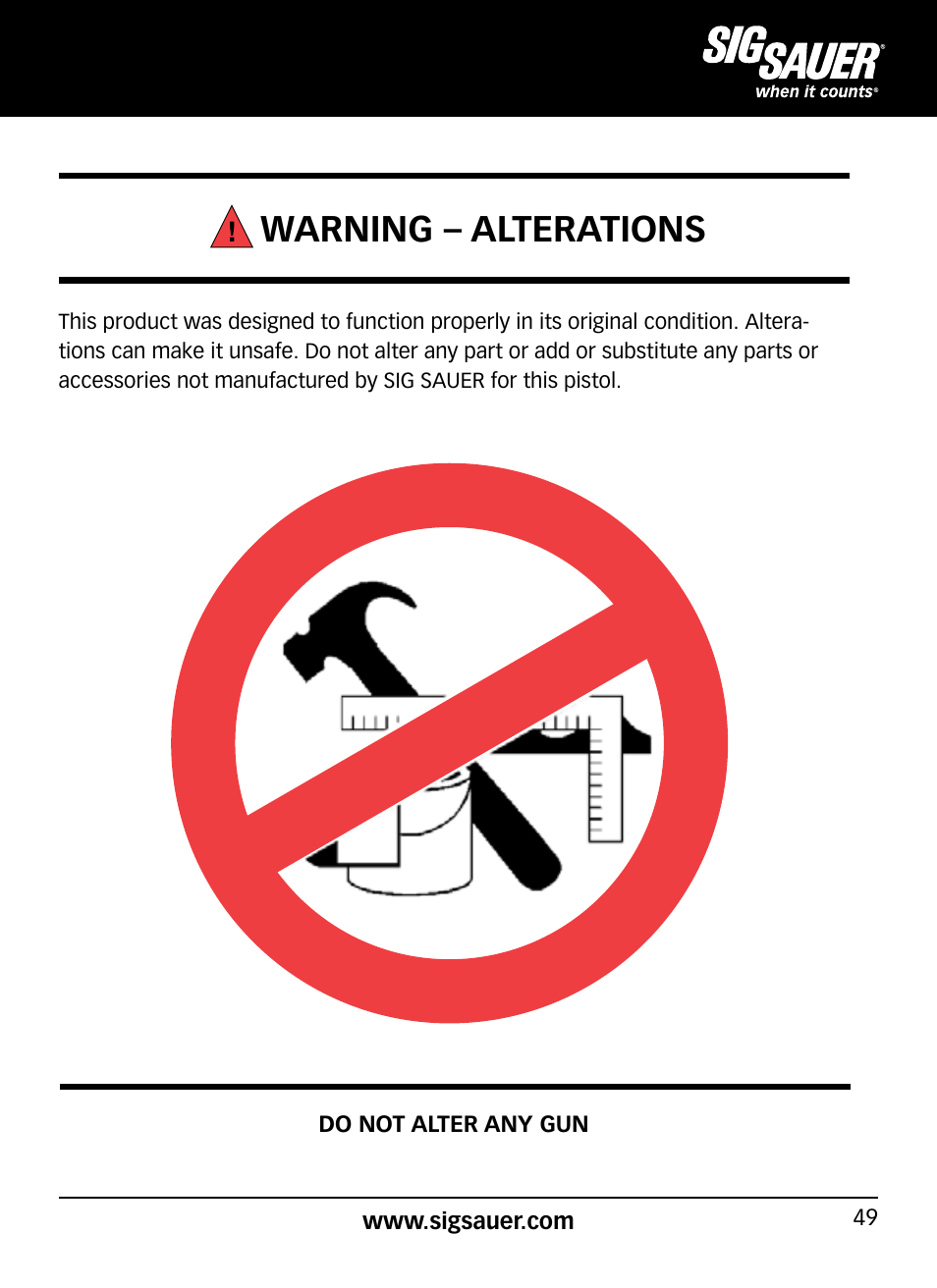 Warning – alterations | SIG SAUER P320 User Manual | Page 49 / 68