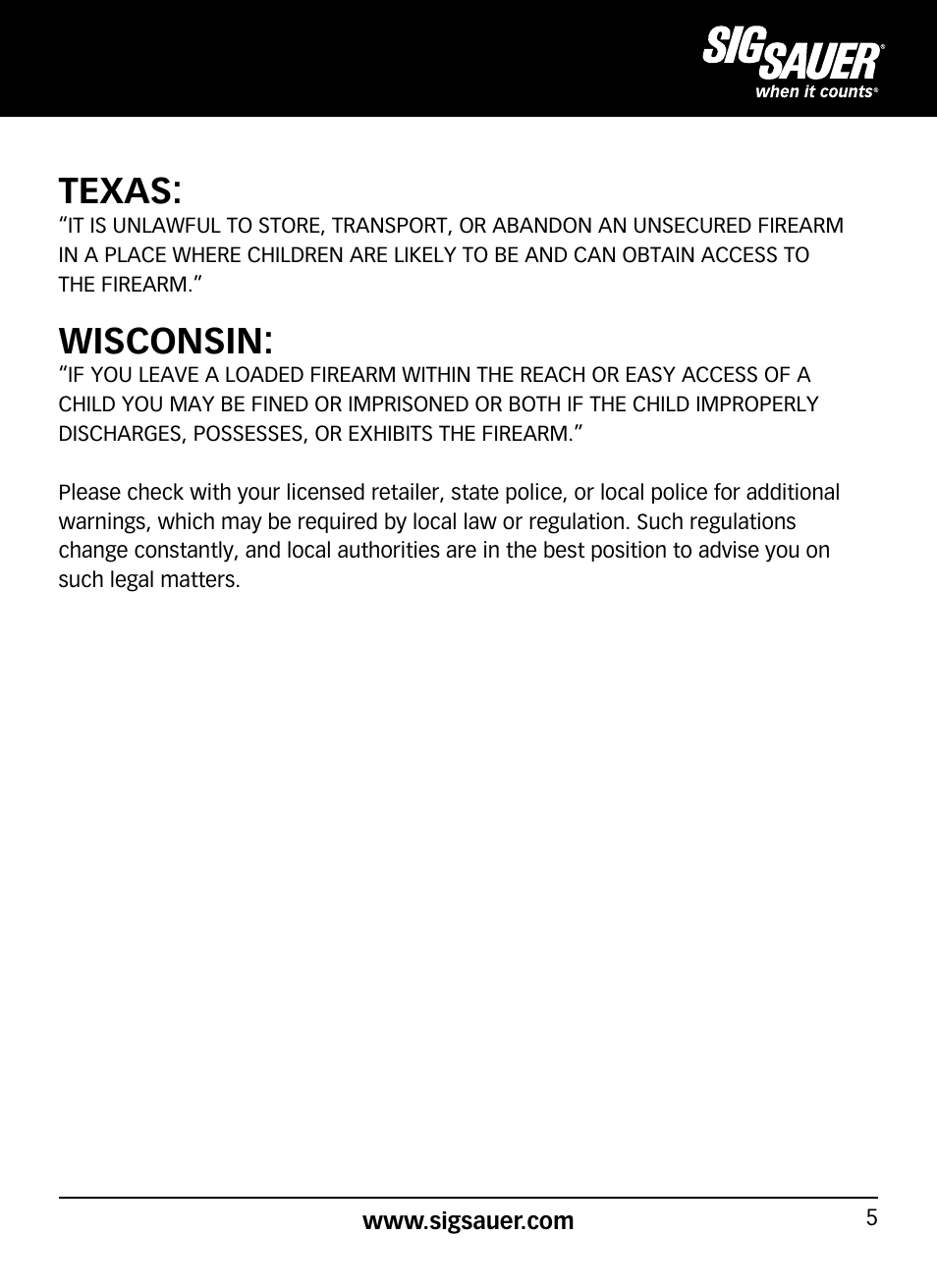 Texas, Wisconsin | SIG SAUER P320 User Manual | Page 5 / 68