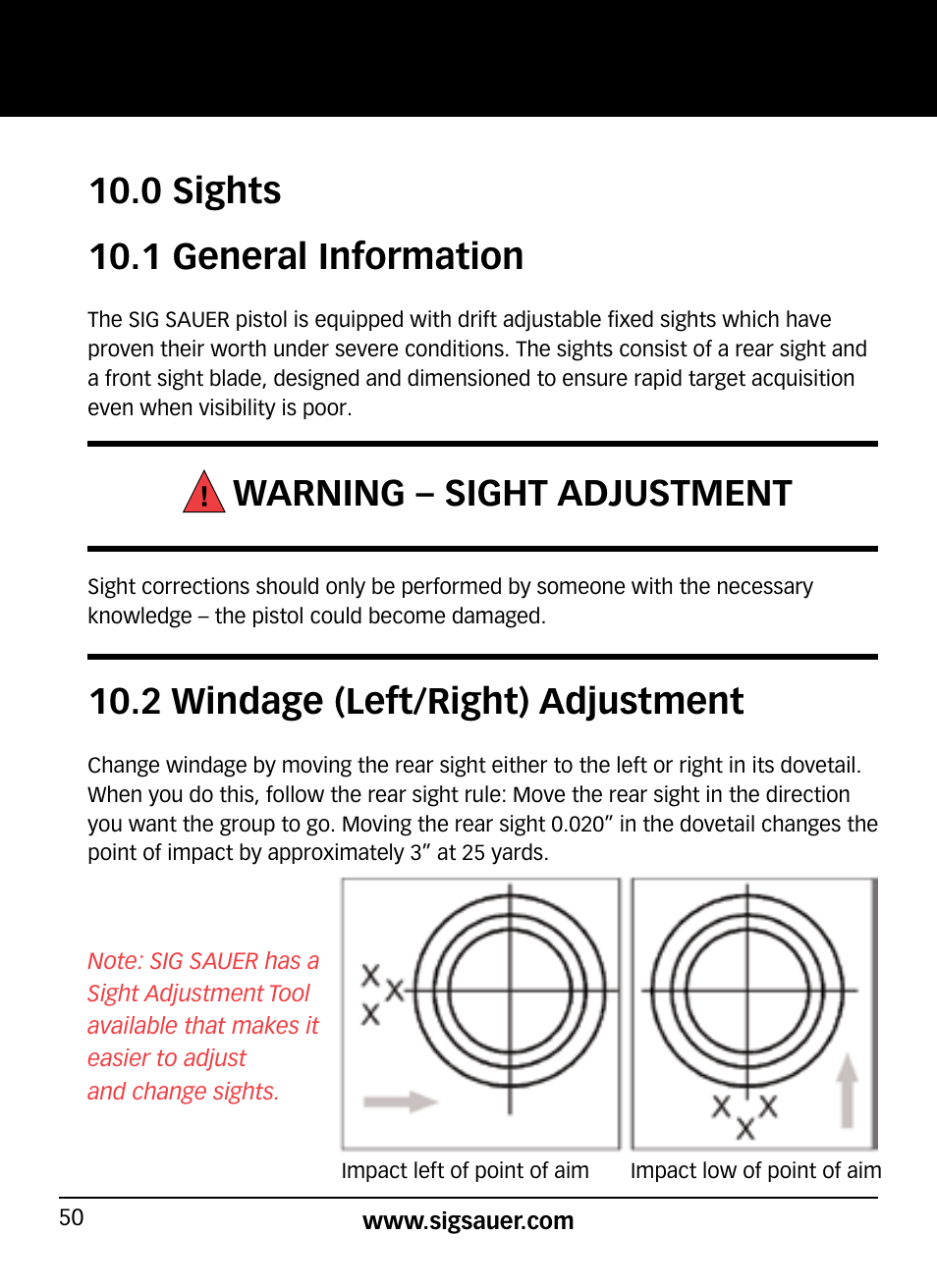 0 sights 10.1 general information, Warning – sight adjustment, 2 windage (left/right) adjustment | SIG SAUER P320 User Manual | Page 50 / 68