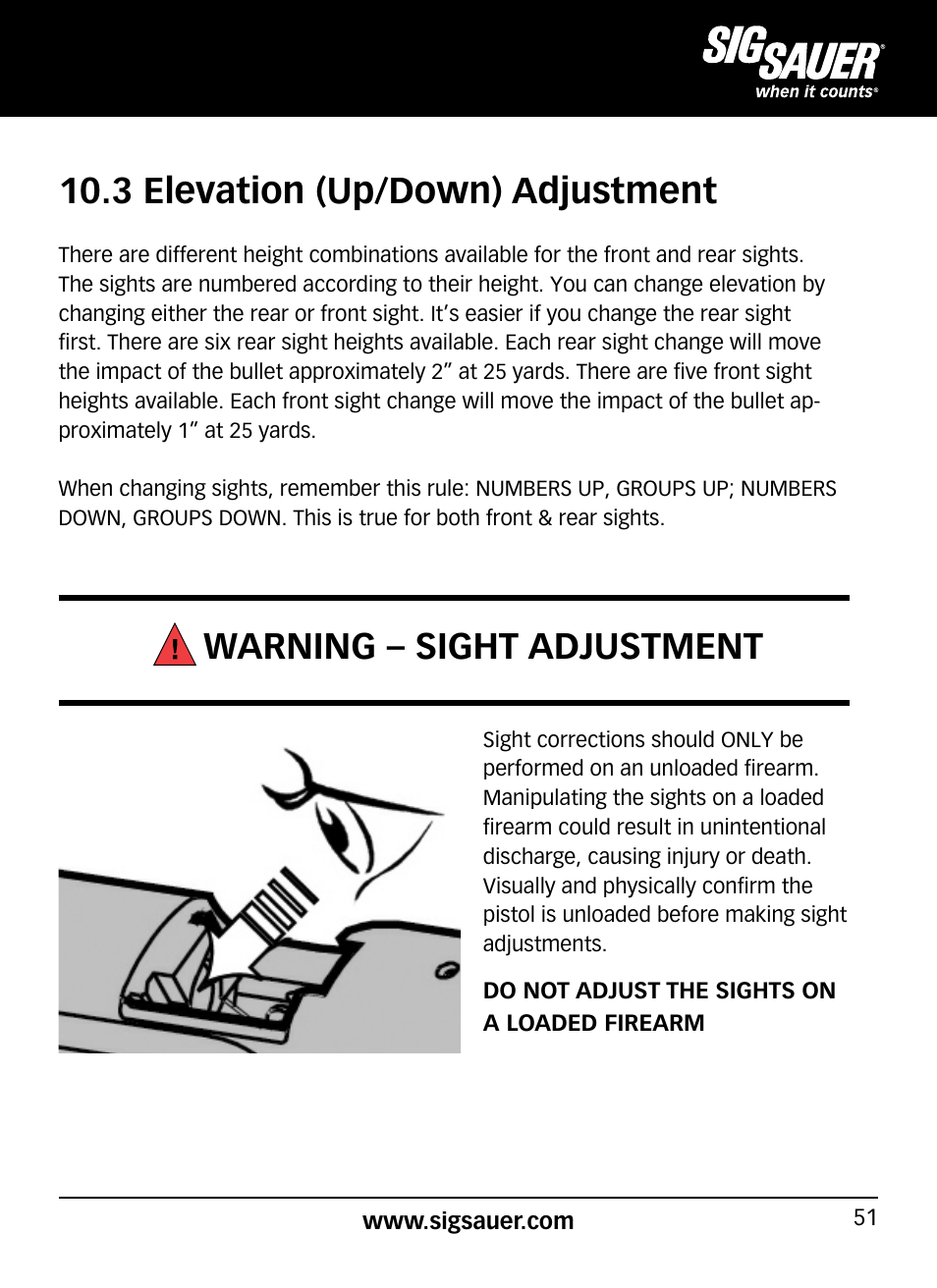 Warning – sight adjustment, 3 elevation (up/down) adjustment | SIG SAUER P320 User Manual | Page 51 / 68