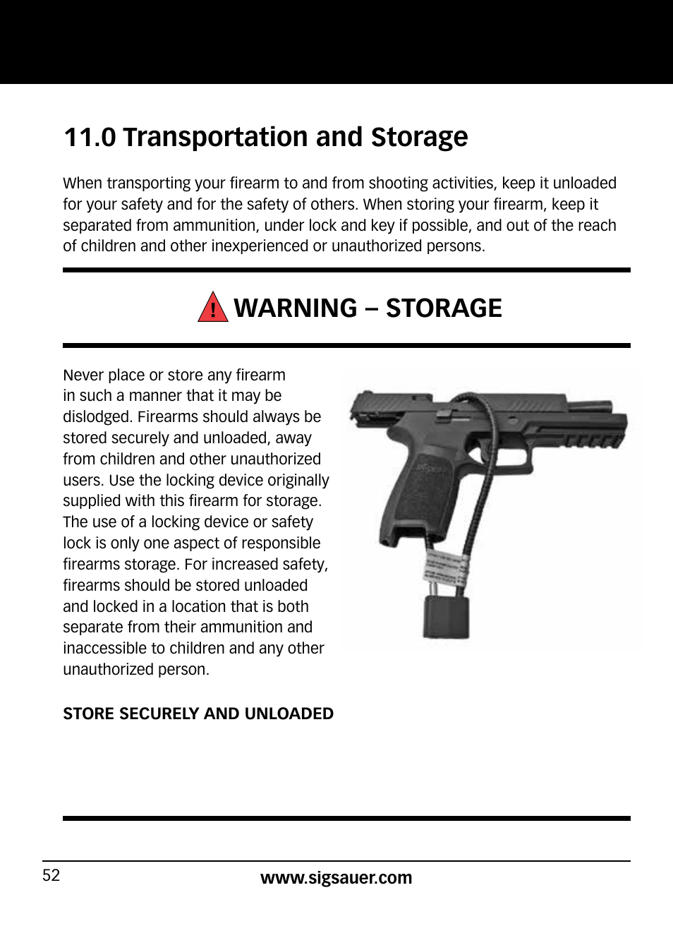 0 transportation and storage, Warning – storage | SIG SAUER P320 User Manual | Page 52 / 68