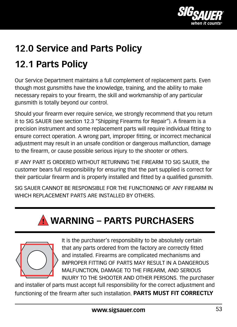 0 service and parts policy 12.1 parts policy, Warning – parts purchasers | SIG SAUER P320 User Manual | Page 53 / 68