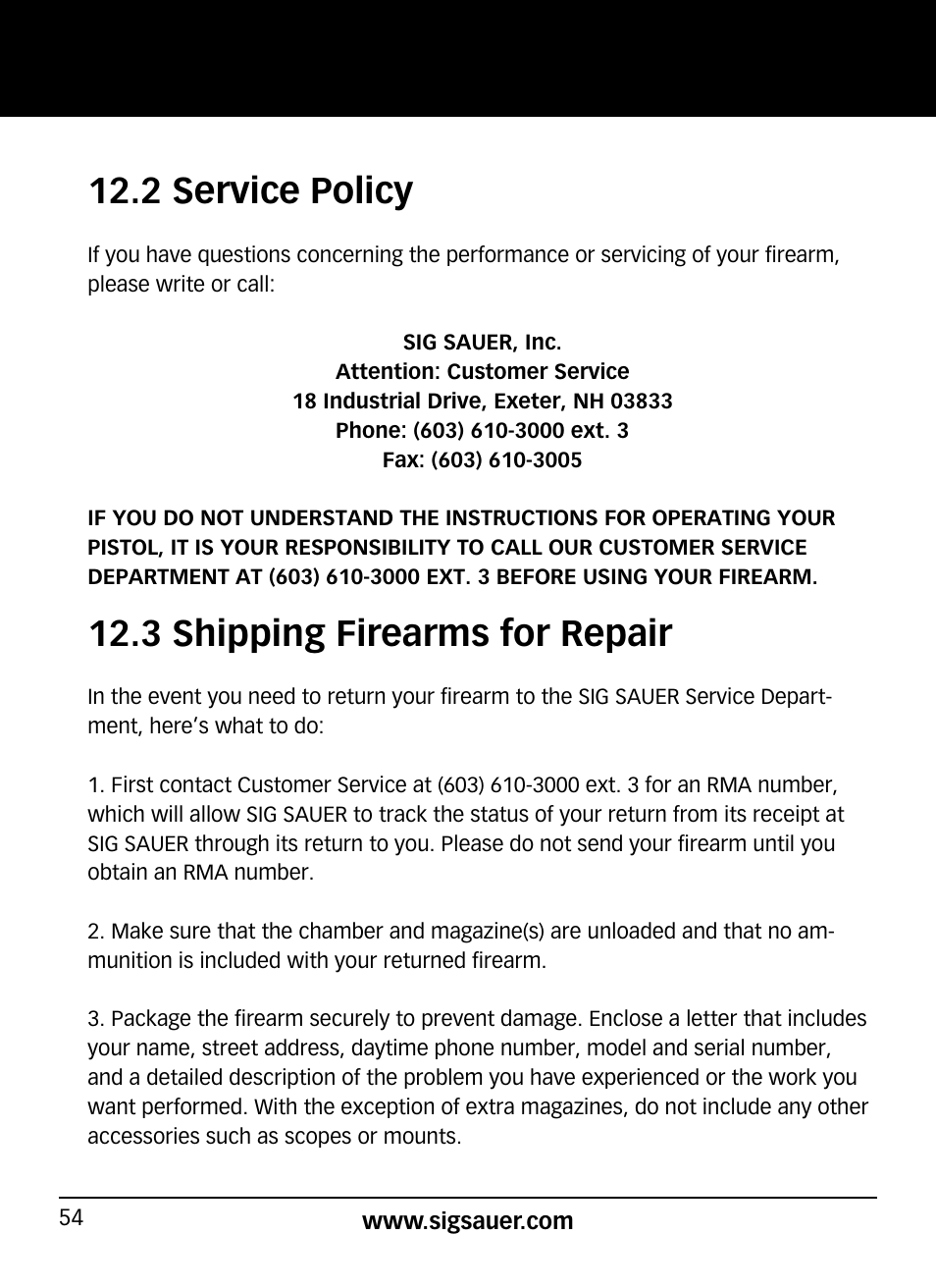 2 service policy, 3 shipping firearms for repair | SIG SAUER P320 User Manual | Page 54 / 68