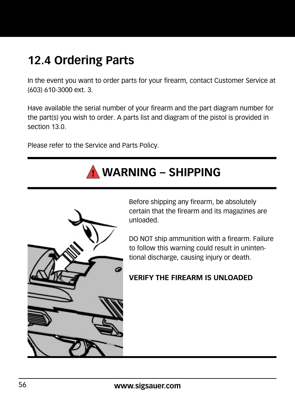 4 ordering parts, Warning – shipping | SIG SAUER P320 User Manual | Page 56 / 68