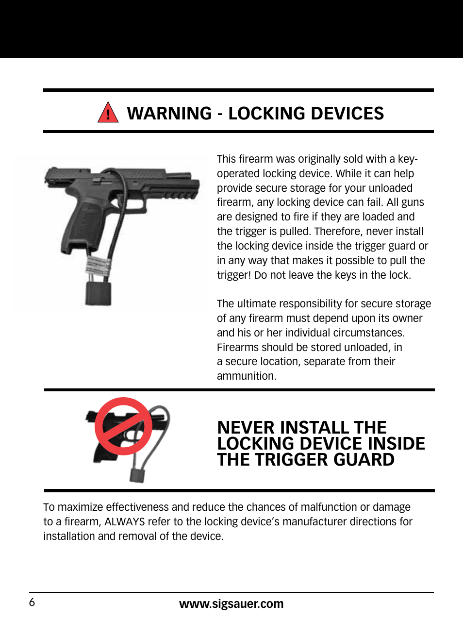 Warning - locking devices | SIG SAUER P320 User Manual | Page 6 / 68