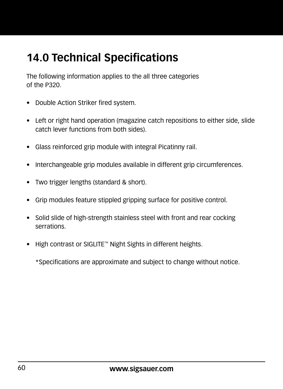 0 technical specifications | SIG SAUER P320 User Manual | Page 60 / 68