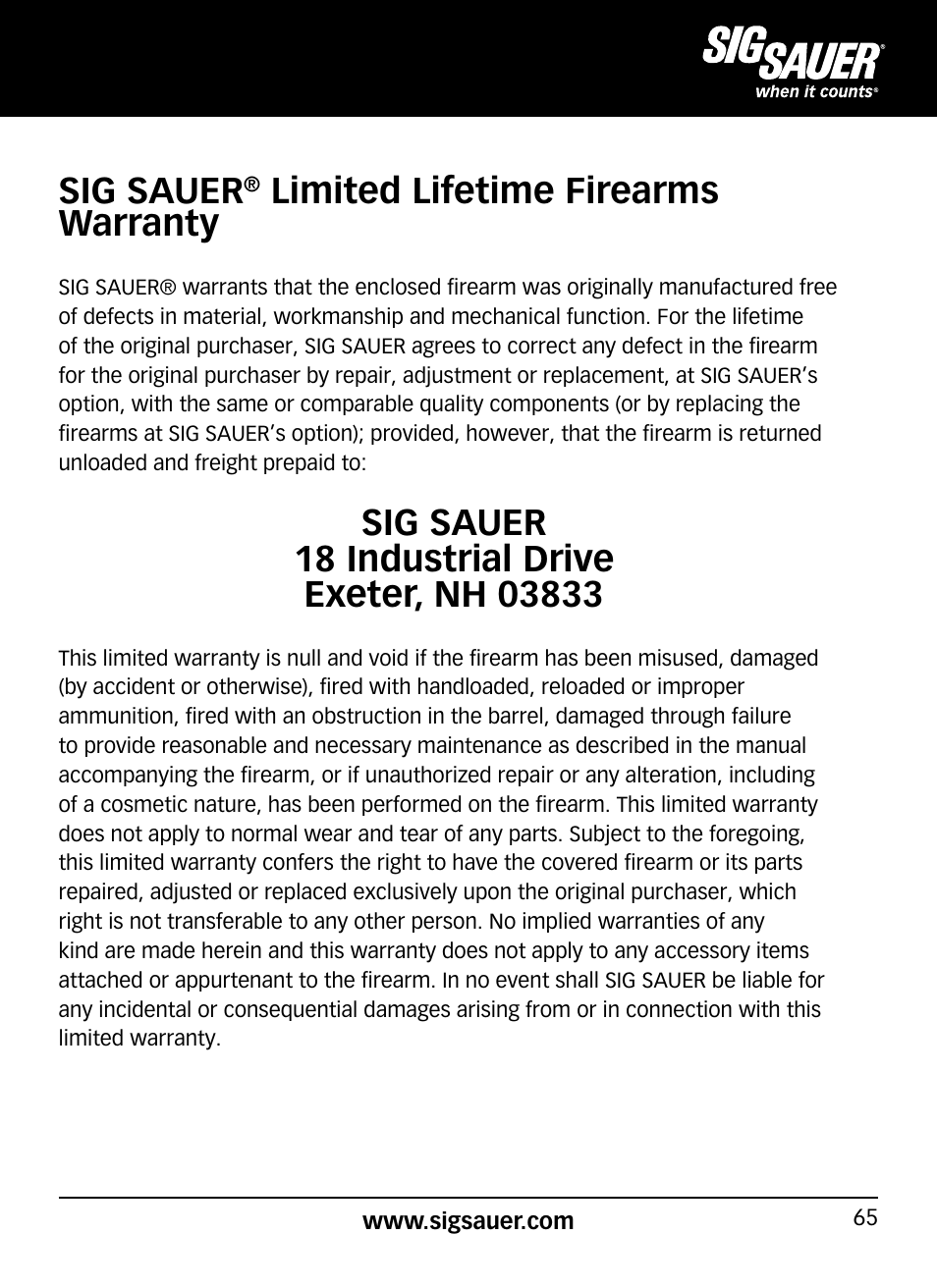 Sig sauer, Limited lifetime firearms warranty | SIG SAUER P320 User Manual | Page 65 / 68