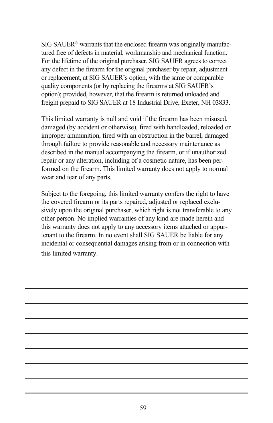 Sig sauer, Limited lifetime firearms warranty | SIG SAUER P556 User Manual | Page 59 / 60