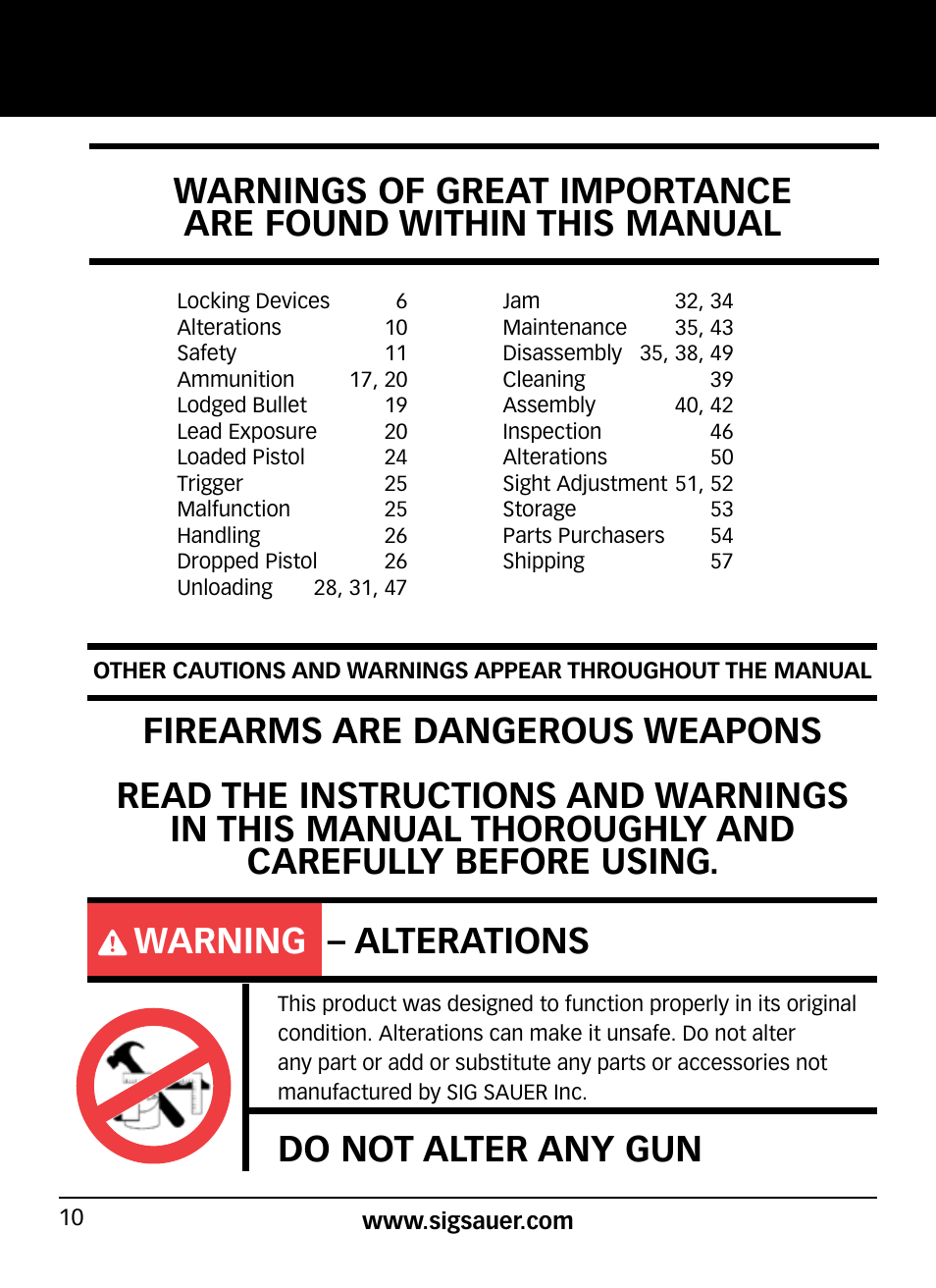Warning – alterations, Do not alter any gun | SIG SAUER SP2022/SP2022М User Manual | Page 10 / 64