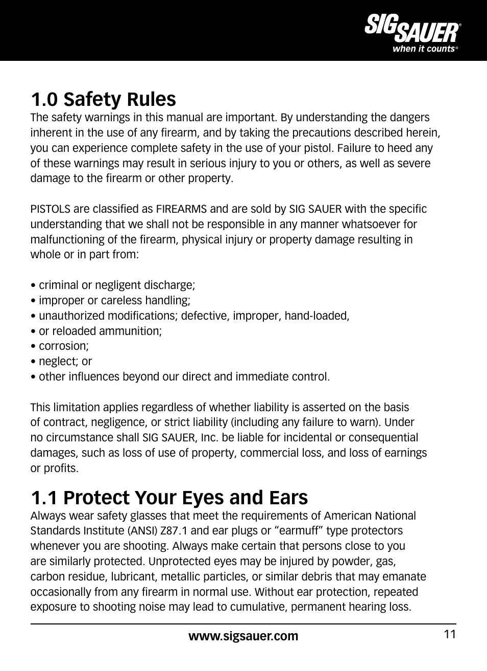 0 safety rules, 1 protect your eyes and ears | SIG SAUER SP2022/SP2022М User Manual | Page 11 / 64