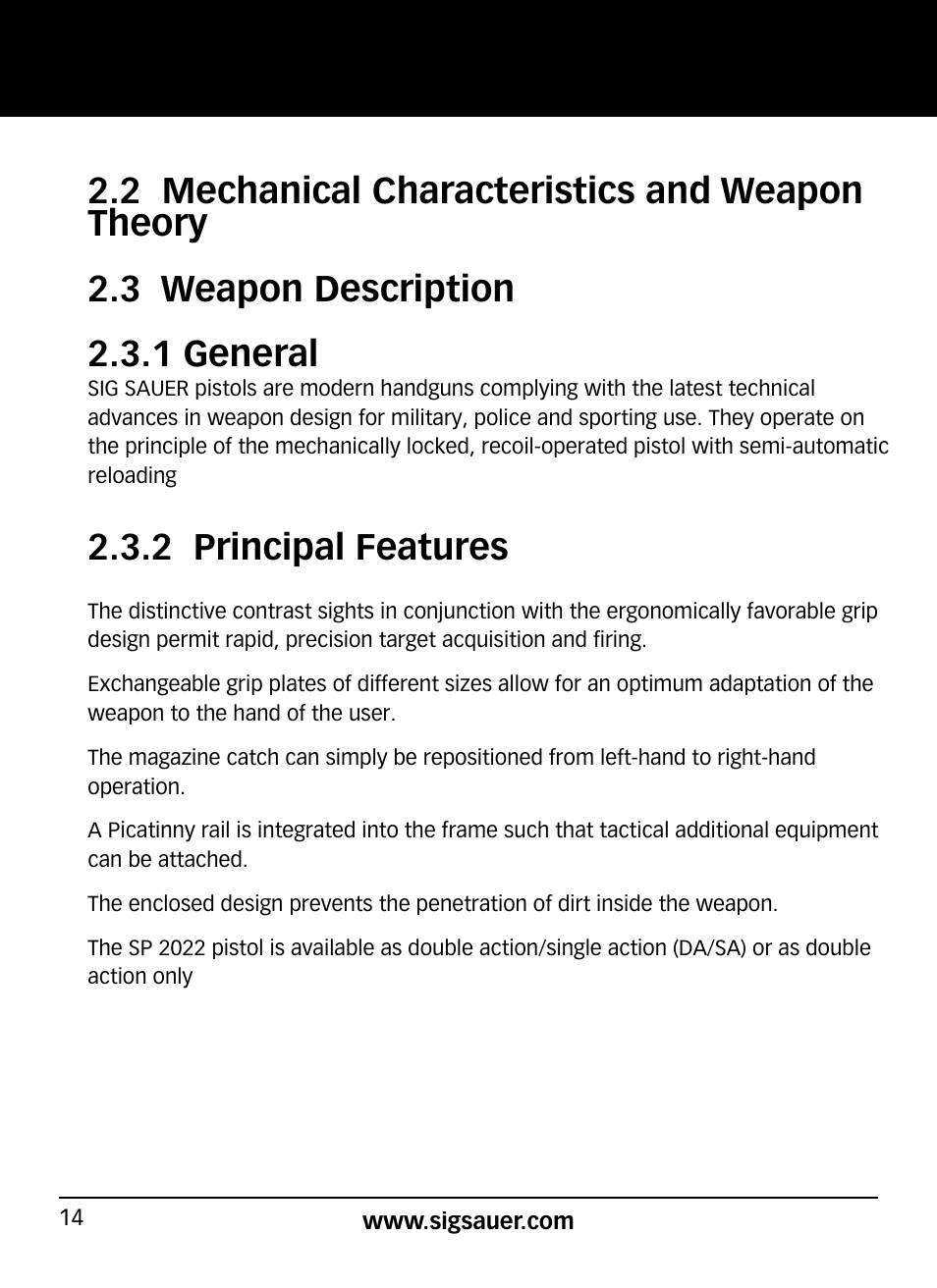 2 principal features | SIG SAUER SP2022/SP2022М User Manual | Page 14 / 64