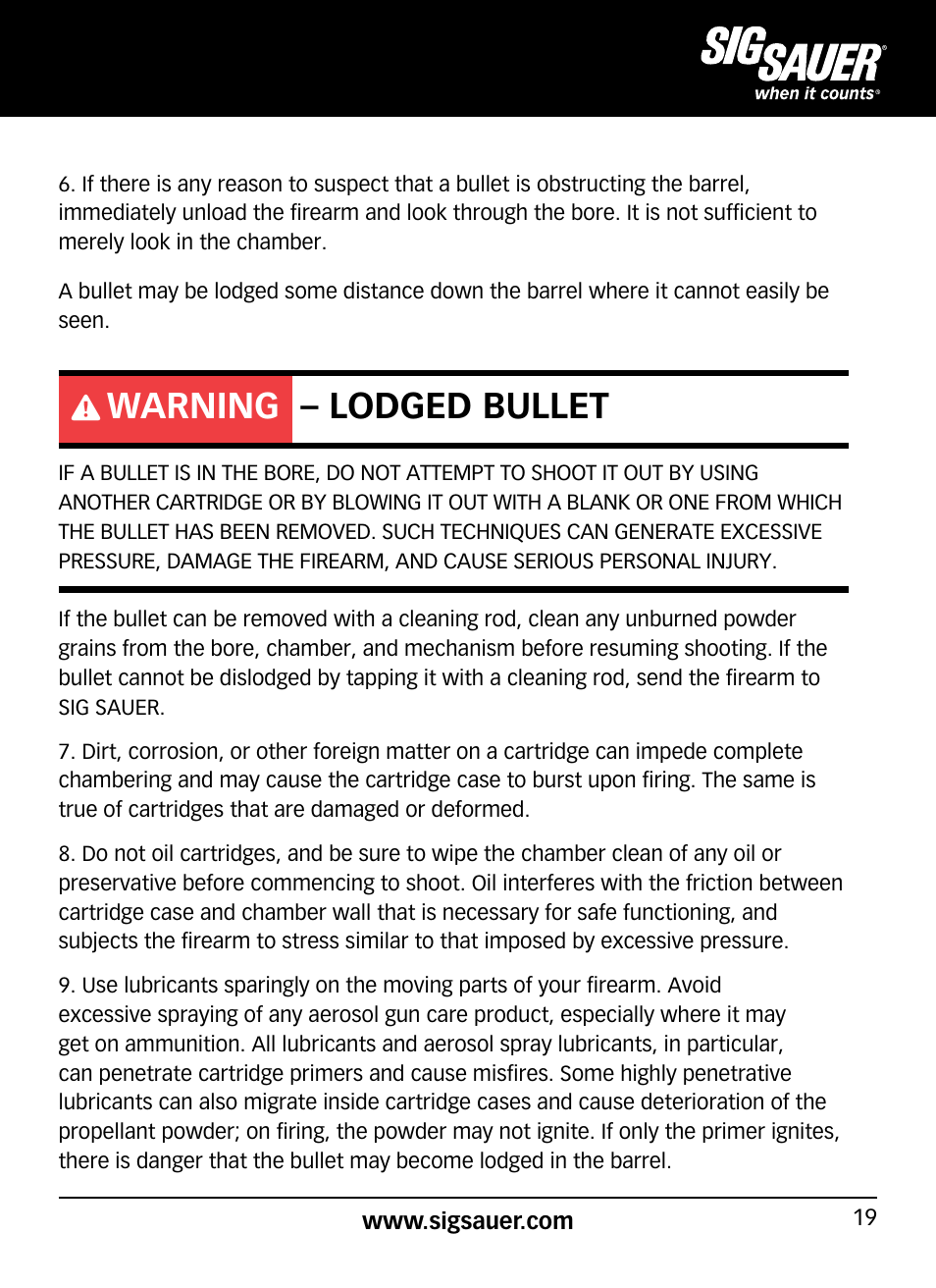 Warning – lodged bullet | SIG SAUER SP2022/SP2022М User Manual | Page 19 / 64