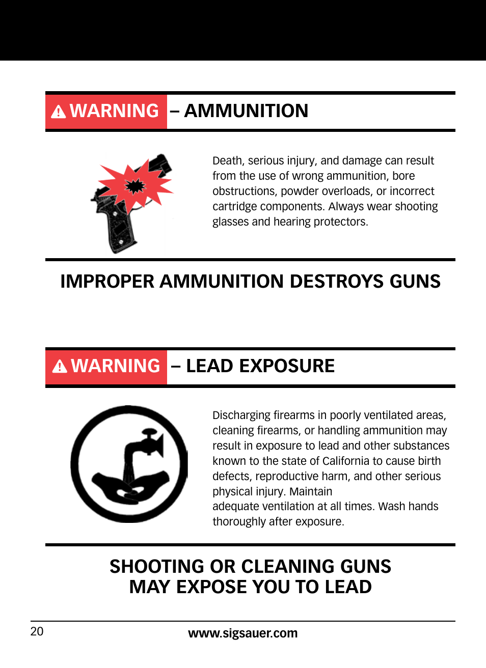 Warning – ammunition, Improper ammunition destroys guns, Warning – lead exposure | Shooting or cleaning guns may expose you to lead | SIG SAUER SP2022/SP2022М User Manual | Page 20 / 64