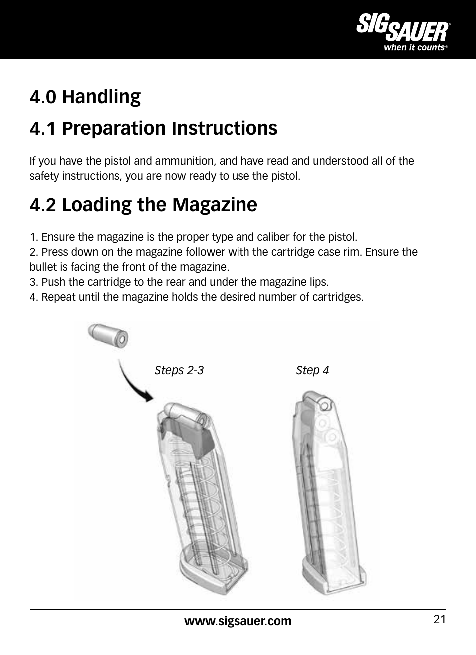 0 handling 4.1 preparation instructions, 2 loading the magazine | SIG SAUER SP2022/SP2022М User Manual | Page 21 / 64