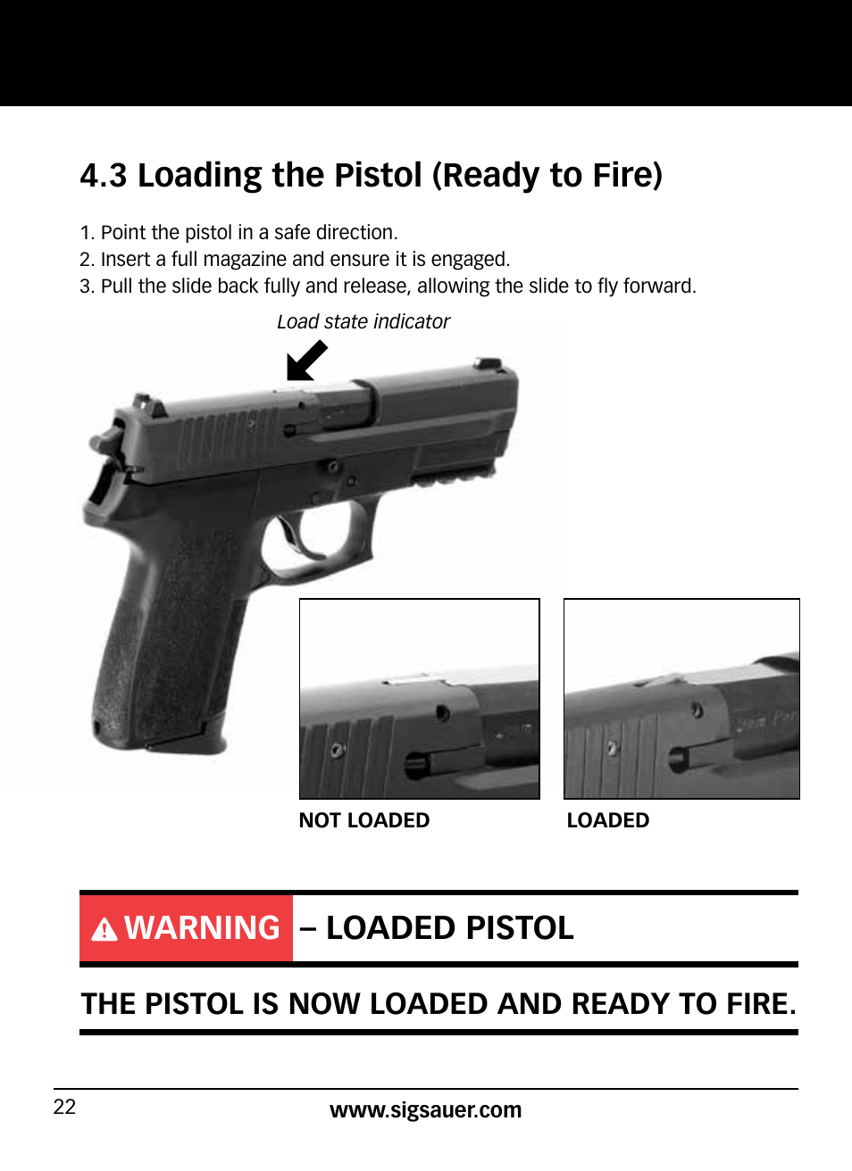 3 loading the pistol (ready to fire), Warning – loaded pistol | SIG SAUER SP2022/SP2022М User Manual | Page 22 / 64