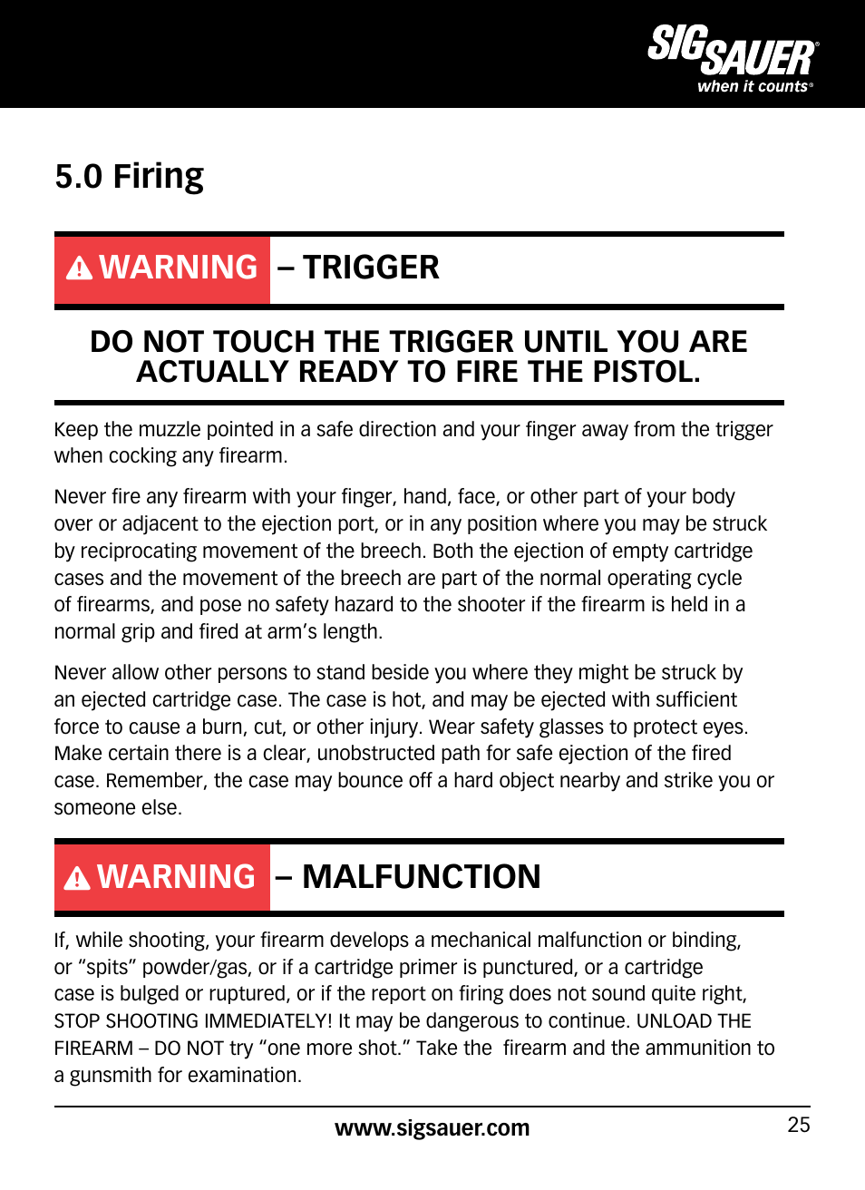 0 firing, Warning – trigger, Warning – malfunction | SIG SAUER SP2022/SP2022М User Manual | Page 25 / 64