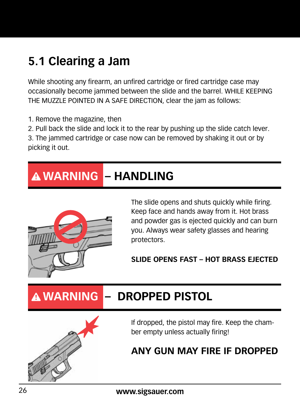 1 clearing a jam, Warning – handling, Warning – dropped pistol | SIG SAUER SP2022/SP2022М User Manual | Page 26 / 64