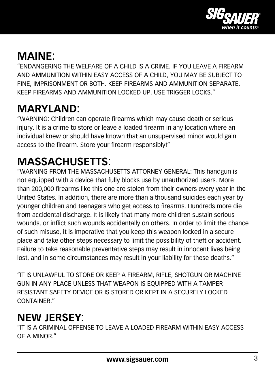 Maine, Maryland, Massachusetts | New jersey | SIG SAUER SP2022/SP2022М User Manual | Page 3 / 64