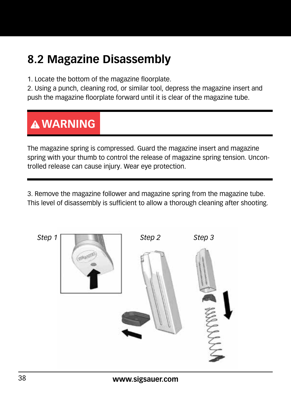 2 magazine disassembly, Warning | SIG SAUER SP2022/SP2022М User Manual | Page 38 / 64