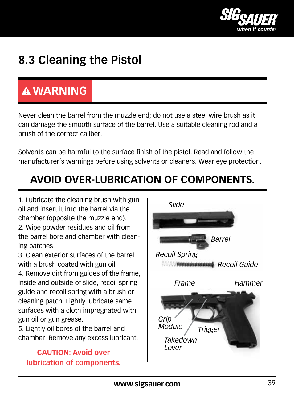3 cleaning the pistol, Warning, Avoid over-lubrication of components | SIG SAUER SP2022/SP2022М User Manual | Page 39 / 64