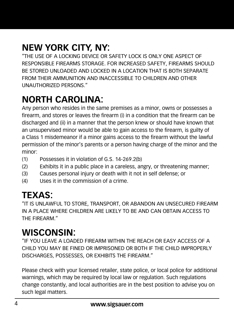 New york city, ny, North carolina, Texas | Wisconsin | SIG SAUER SP2022/SP2022М User Manual | Page 4 / 64