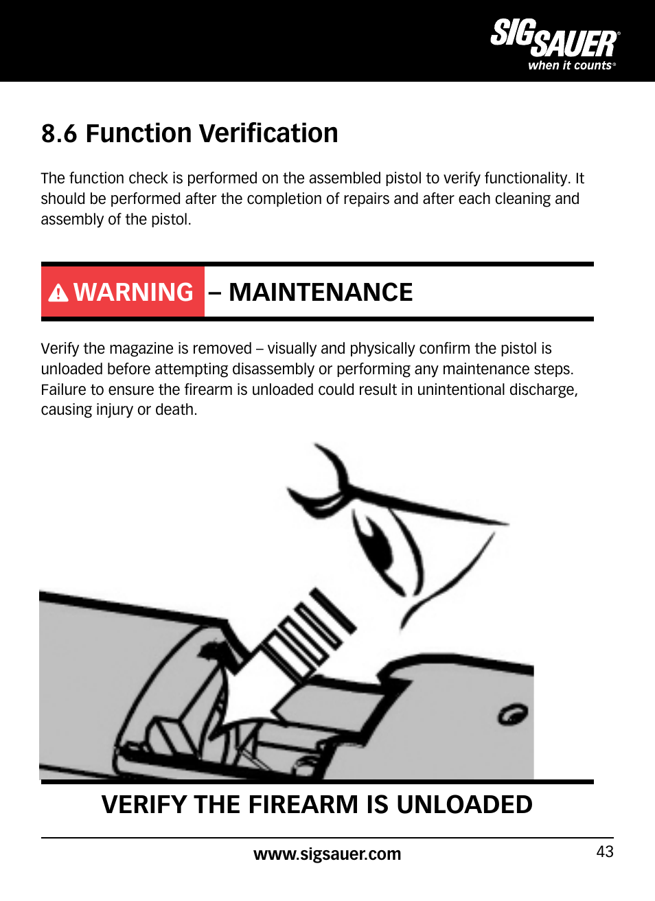 6 function verification, Warning – maintenance, Verify the firearm is unloaded | SIG SAUER SP2022/SP2022М User Manual | Page 43 / 64