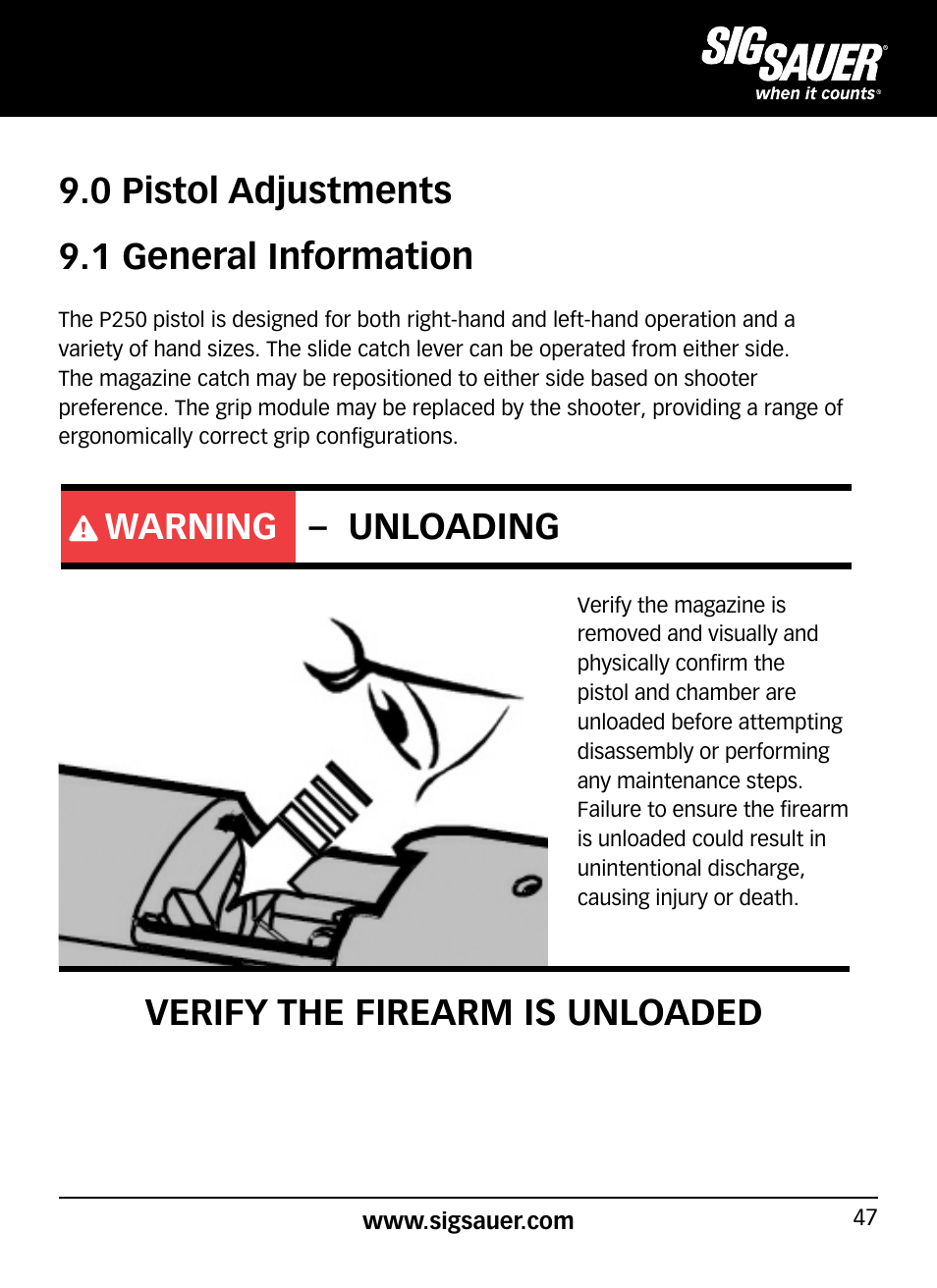 0 pistol adjustments 9.1 general information, Warning – unloading, Verify the firearm is unloaded | SIG SAUER SP2022/SP2022М User Manual | Page 47 / 64