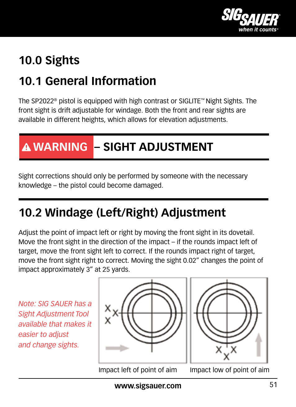 0 sights 10.1 general information, Warning – sight adjustment, 2 windage (left/right) adjustment | SIG SAUER SP2022/SP2022М User Manual | Page 51 / 64