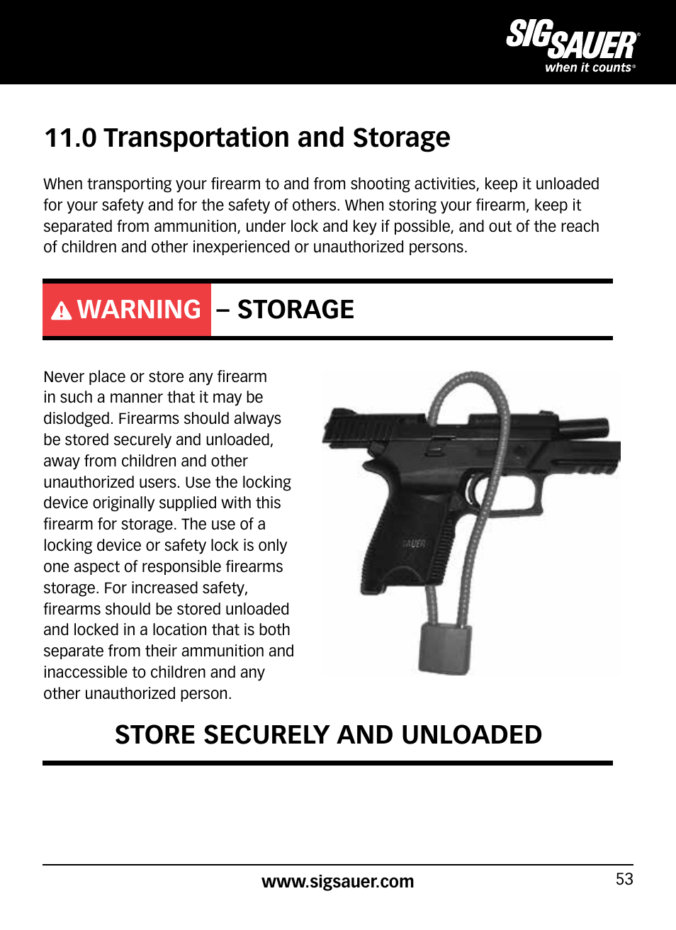 0 transportation and storage, Warning – storage, Store securely and unloaded | SIG SAUER SP2022/SP2022М User Manual | Page 53 / 64