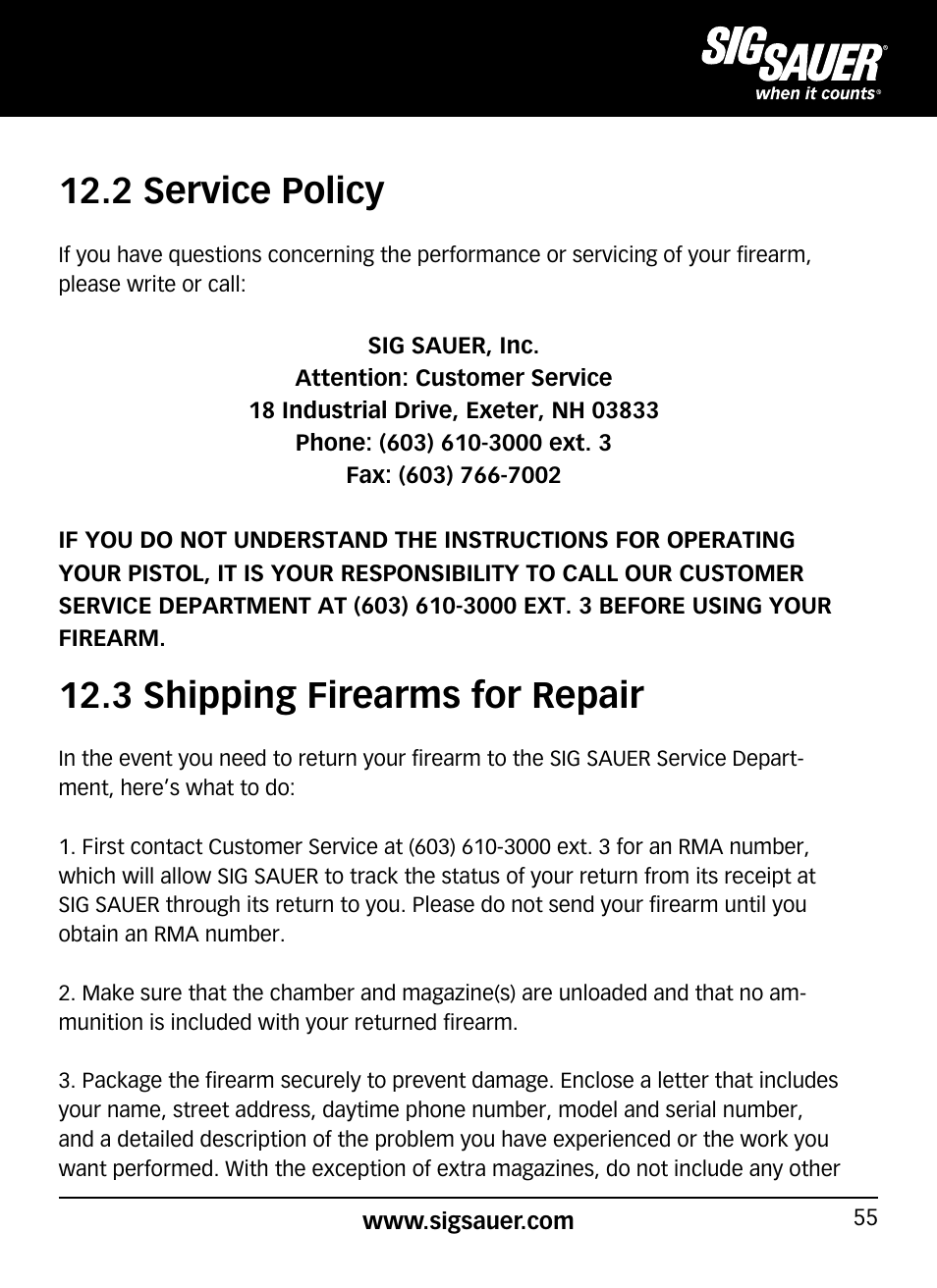 2 service policy, 3 shipping firearms for repair | SIG SAUER SP2022/SP2022М User Manual | Page 55 / 64