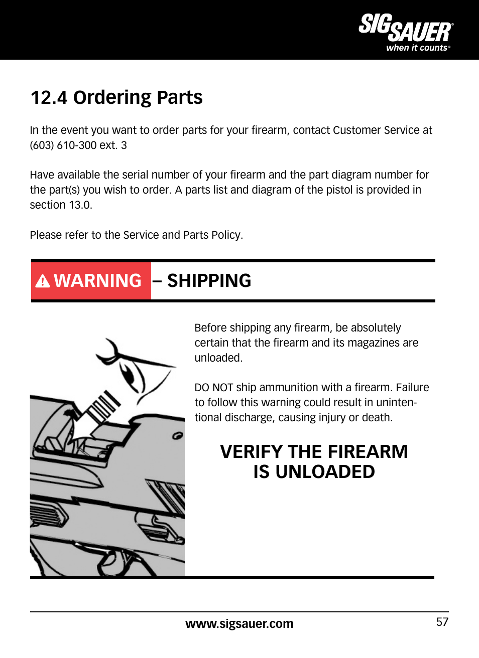 4 ordering parts, Warning – shipping, Verify the firearm is unloaded | SIG SAUER SP2022/SP2022М User Manual | Page 57 / 64