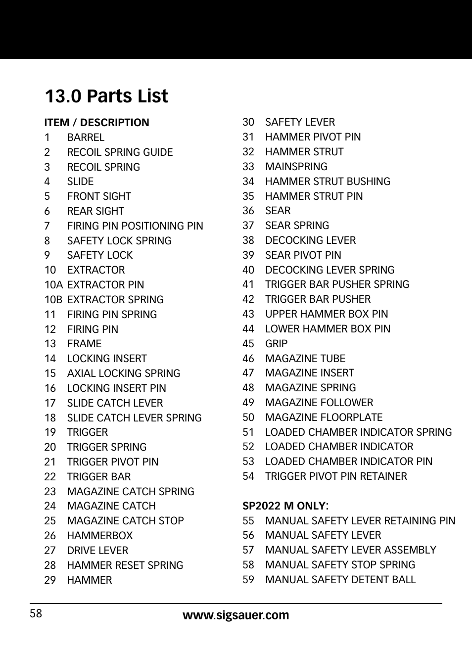 0 parts list | SIG SAUER SP2022/SP2022М User Manual | Page 58 / 64