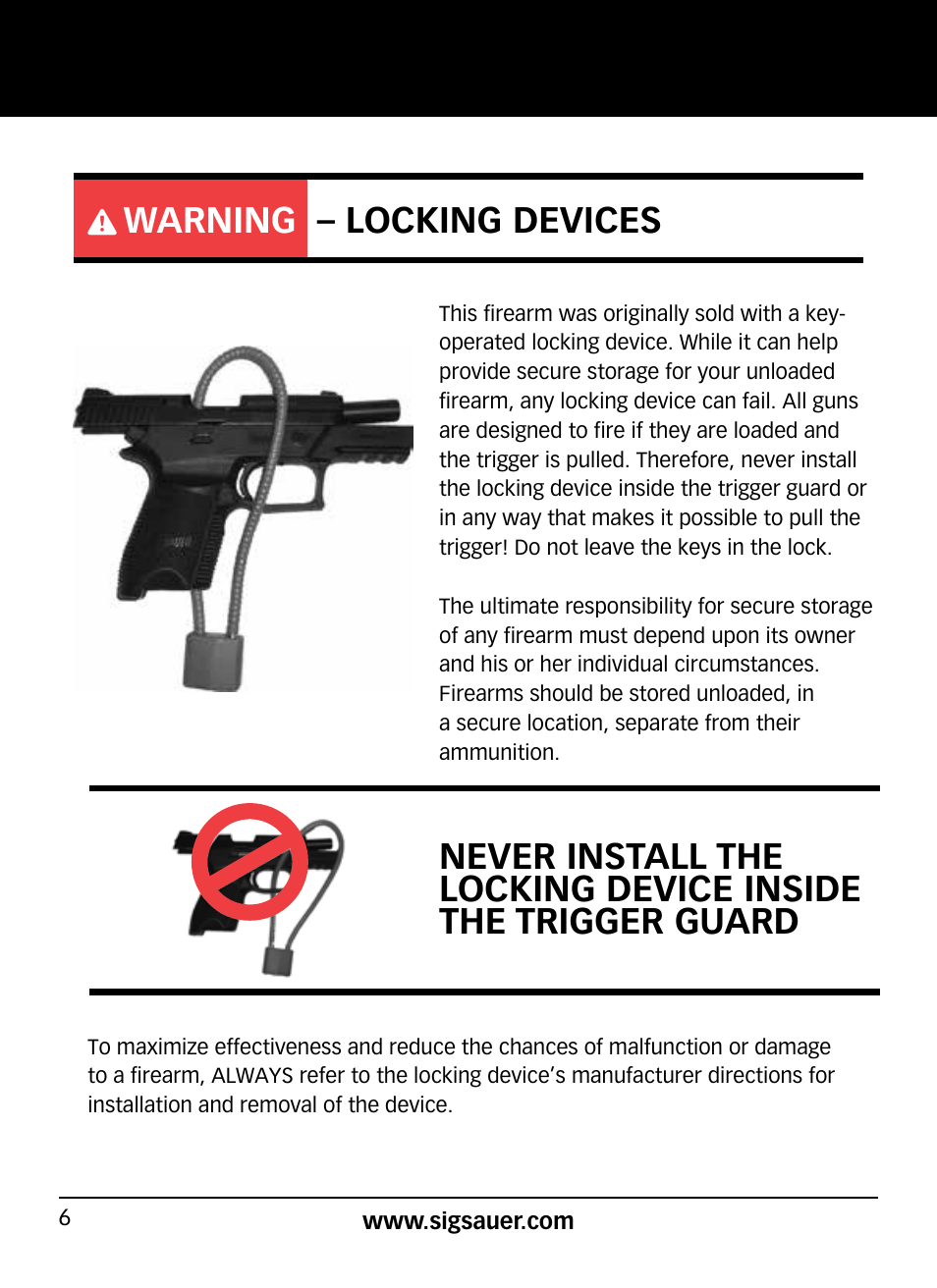Warning – locking devices | SIG SAUER SP2022/SP2022М User Manual | Page 6 / 64