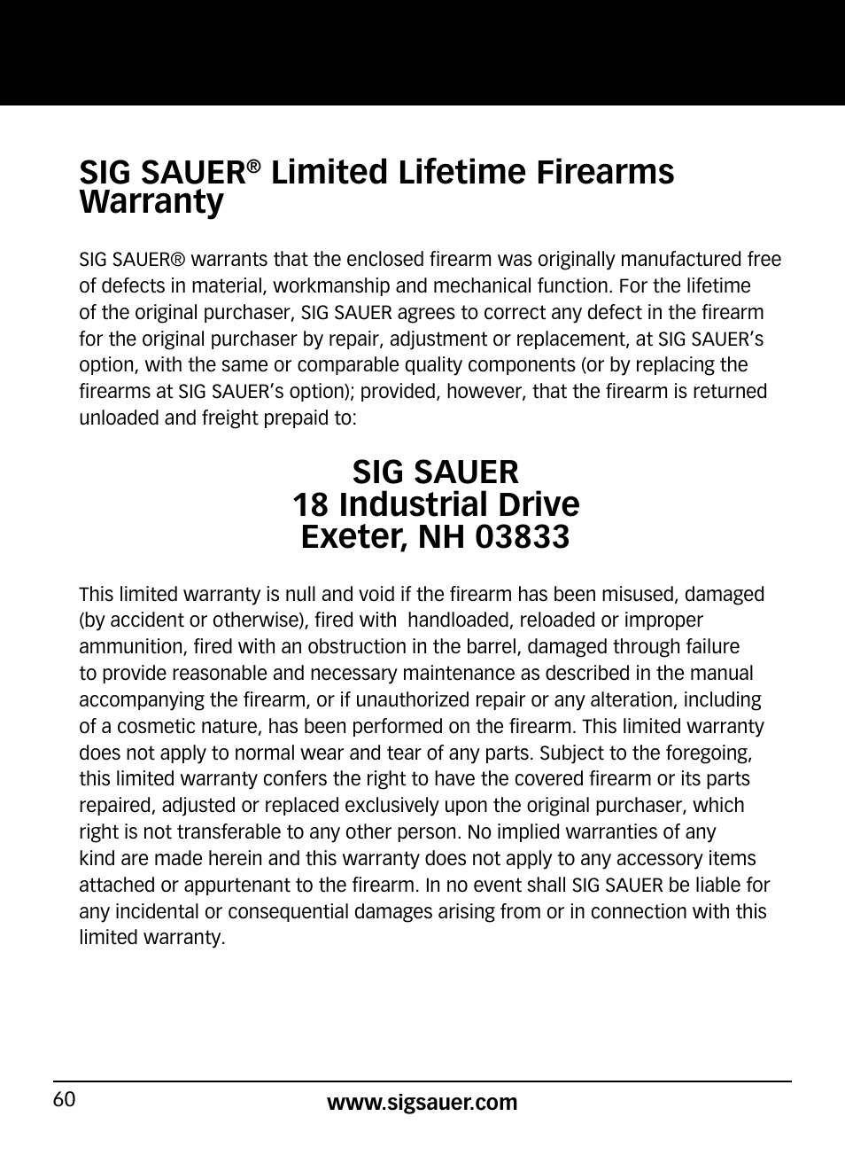 Sig sauer, Limited lifetime firearms warranty | SIG SAUER SP2022/SP2022М User Manual | Page 60 / 64