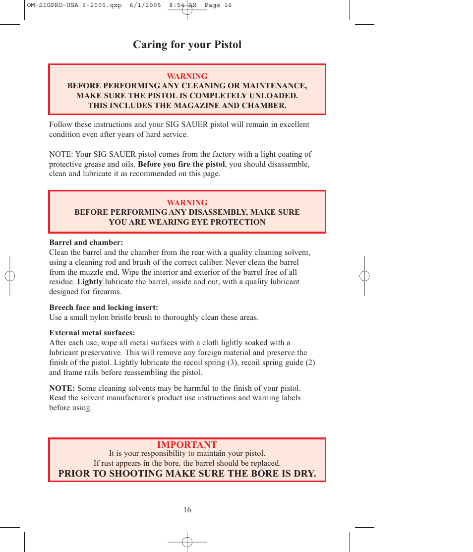 Caring for your pistol | SIG SAUER SP2009 User Manual | Page 16 / 24