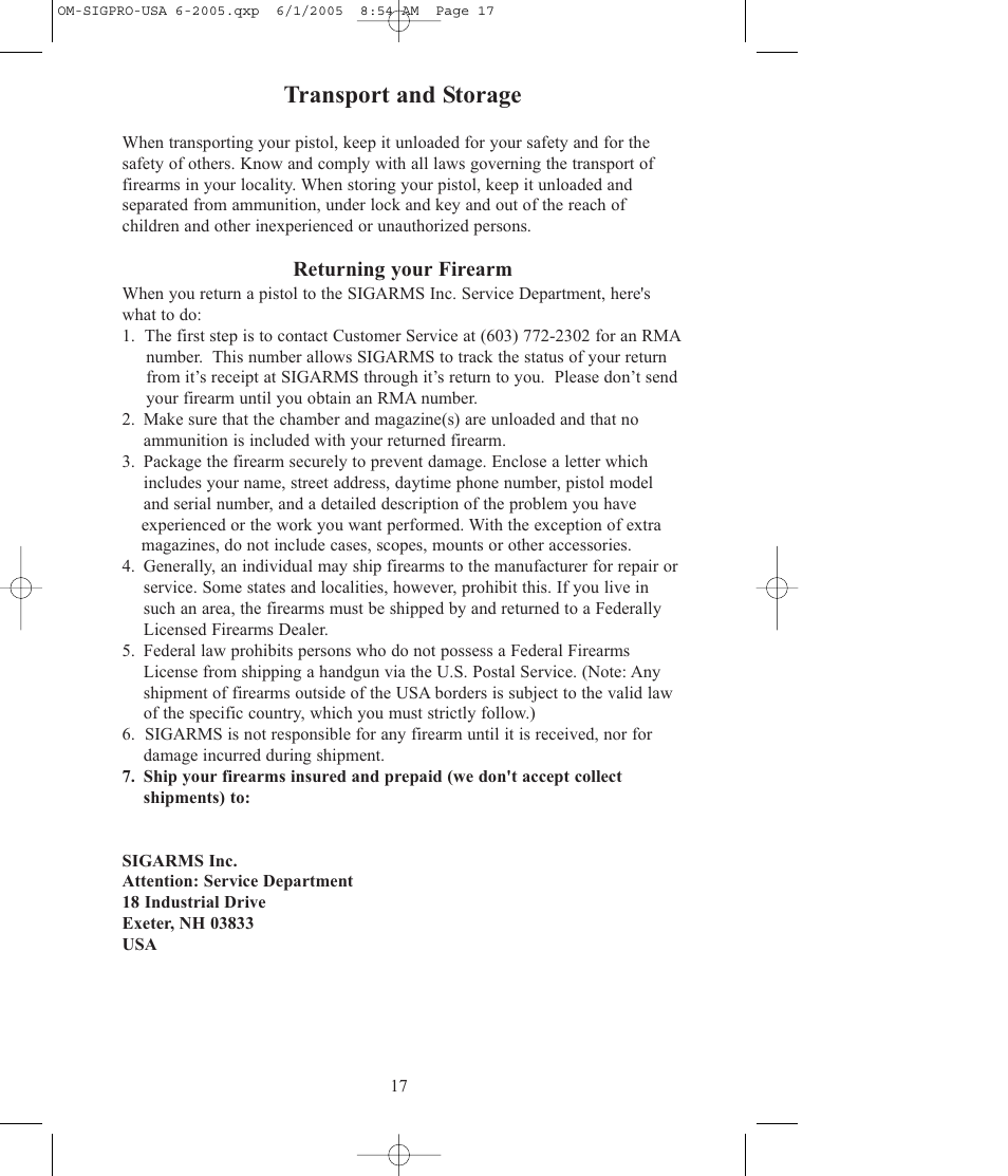 Transport and storage | SIG SAUER SP2009 User Manual | Page 17 / 24