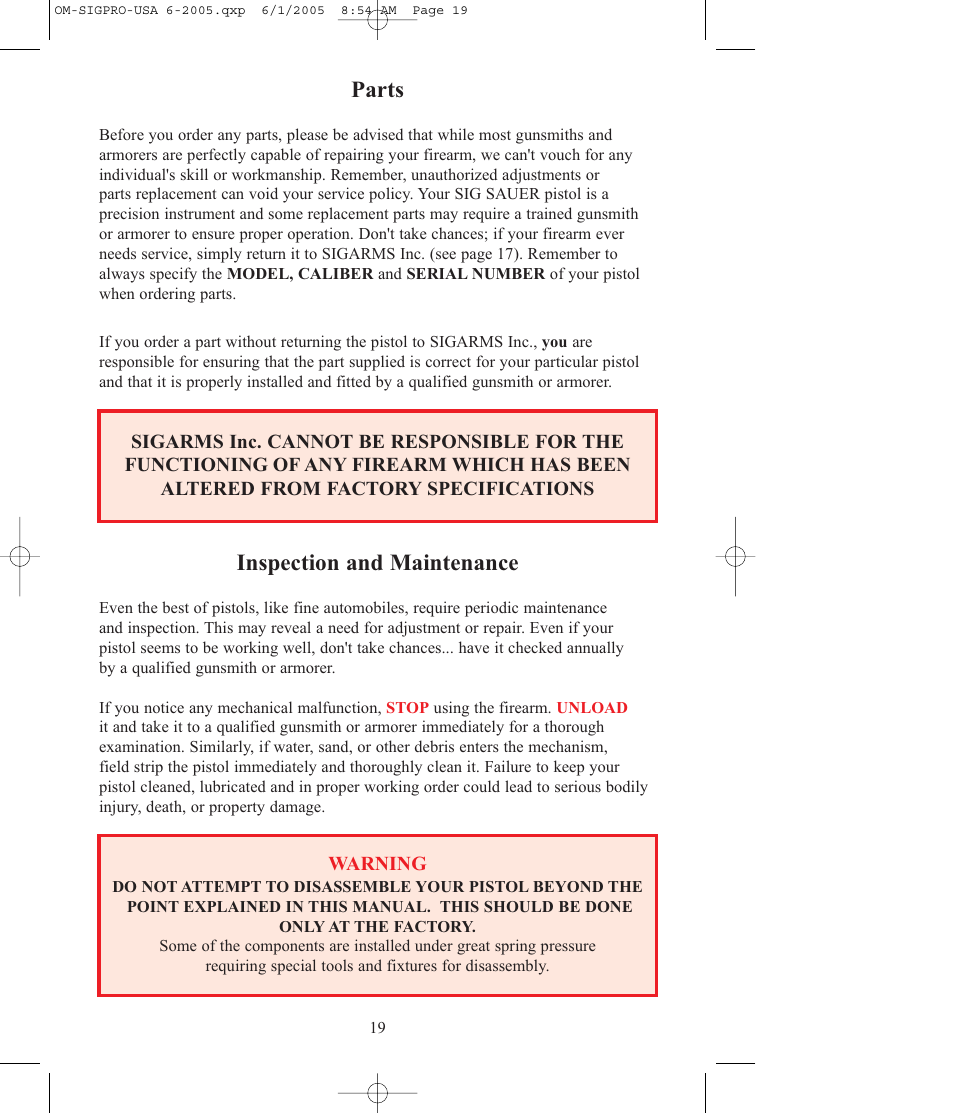 Parts, Inspection and maintenance | SIG SAUER SP2009 User Manual | Page 19 / 24