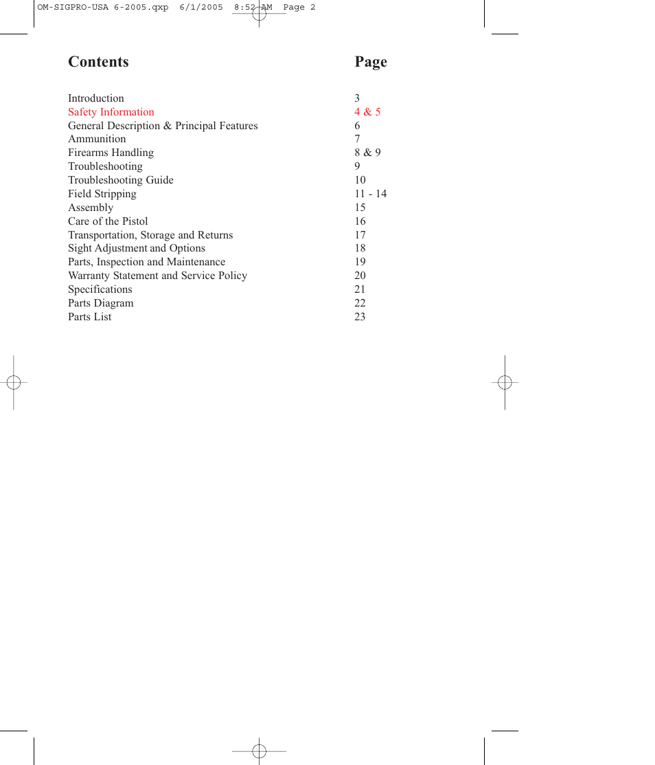 Contents page | SIG SAUER SP2009 User Manual | Page 2 / 24