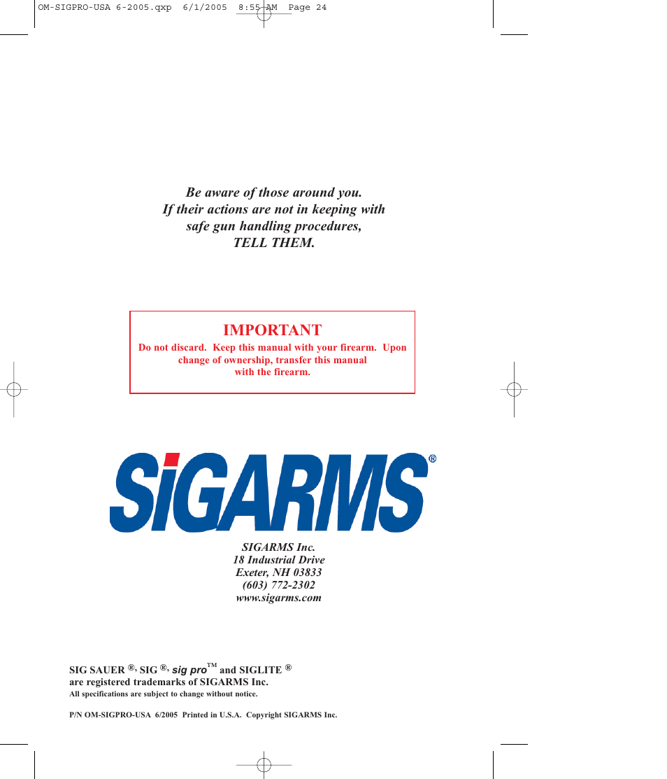 Important | SIG SAUER SP2009 User Manual | Page 24 / 24