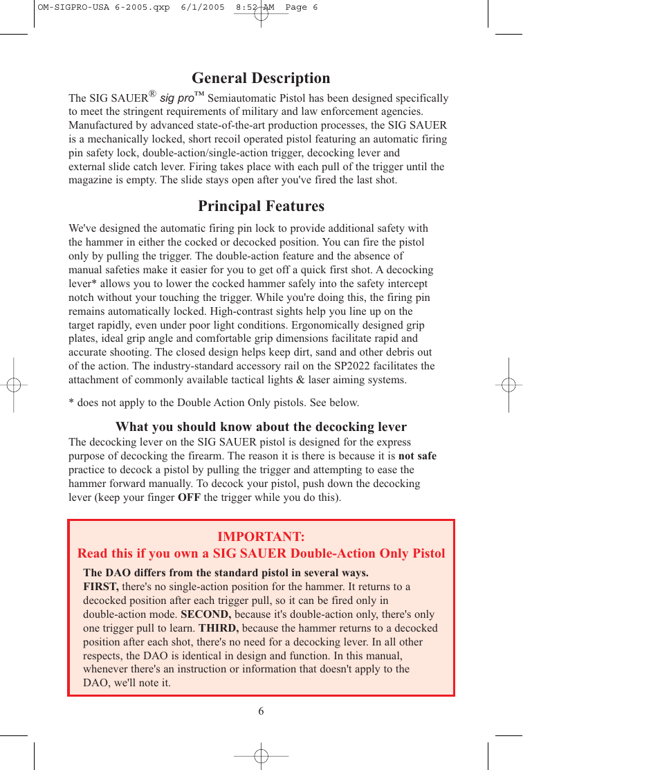 Principal features, General description | SIG SAUER SP2009 User Manual | Page 6 / 24