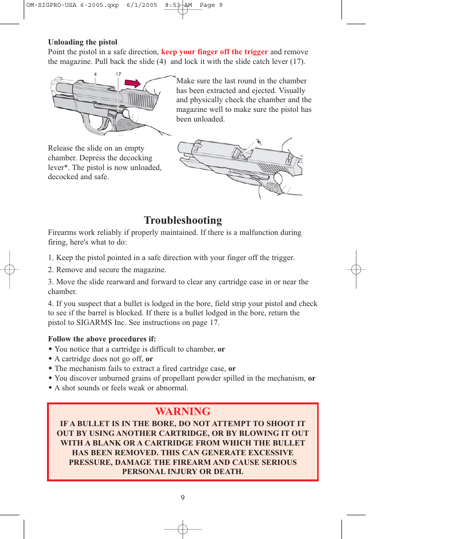 Troubleshooting, Warning | SIG SAUER SP2009 User Manual | Page 9 / 24