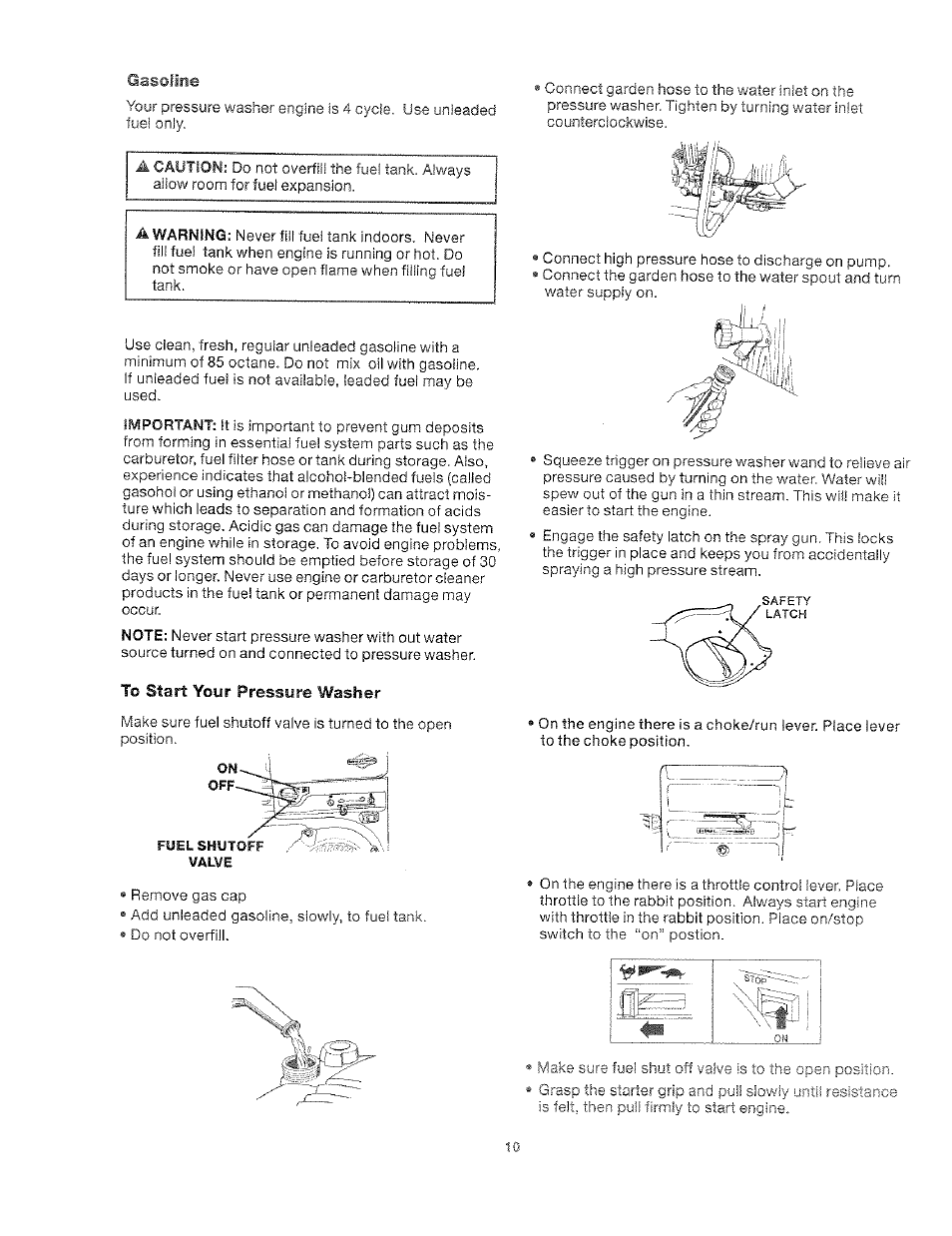 To start your pressure washer, Gasoline | Craftsman 919.762500 User Manual | Page 10 / 56