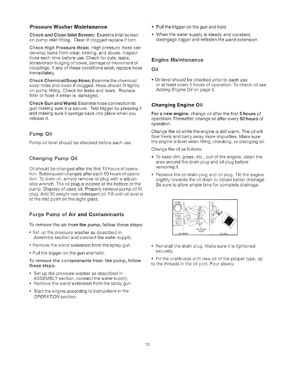 Pressure washer maintenance, Pump oil, Purge pump of air and contaminants | Engine maintenance, Changing engine oil | Craftsman 919.762500 User Manual | Page 13 / 56