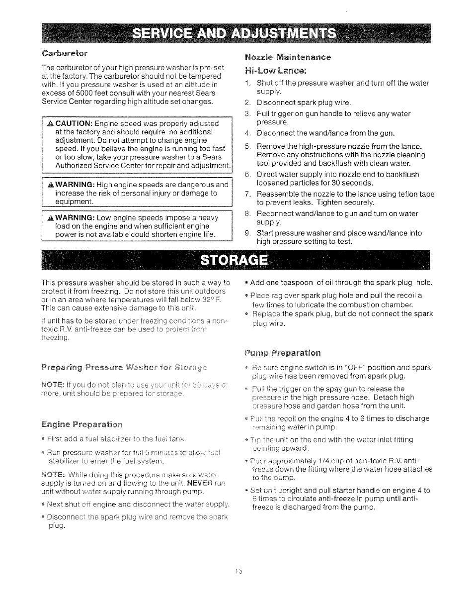 Engine preparation, Pump preparation, Storage | Craftsman 919.762500 User Manual | Page 15 / 56