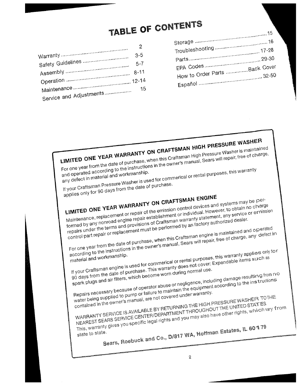 Table of coutemts | Craftsman 919.762500 User Manual | Page 2 / 56