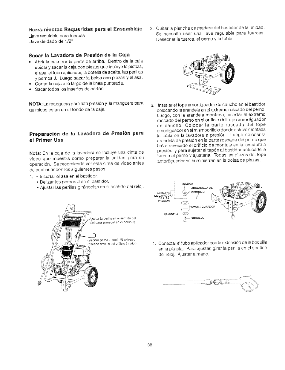 Herramientas requeridas para el ensámblale, Sacar la lavadora de presión de la caja | Craftsman 919.762500 User Manual | Page 38 / 56
