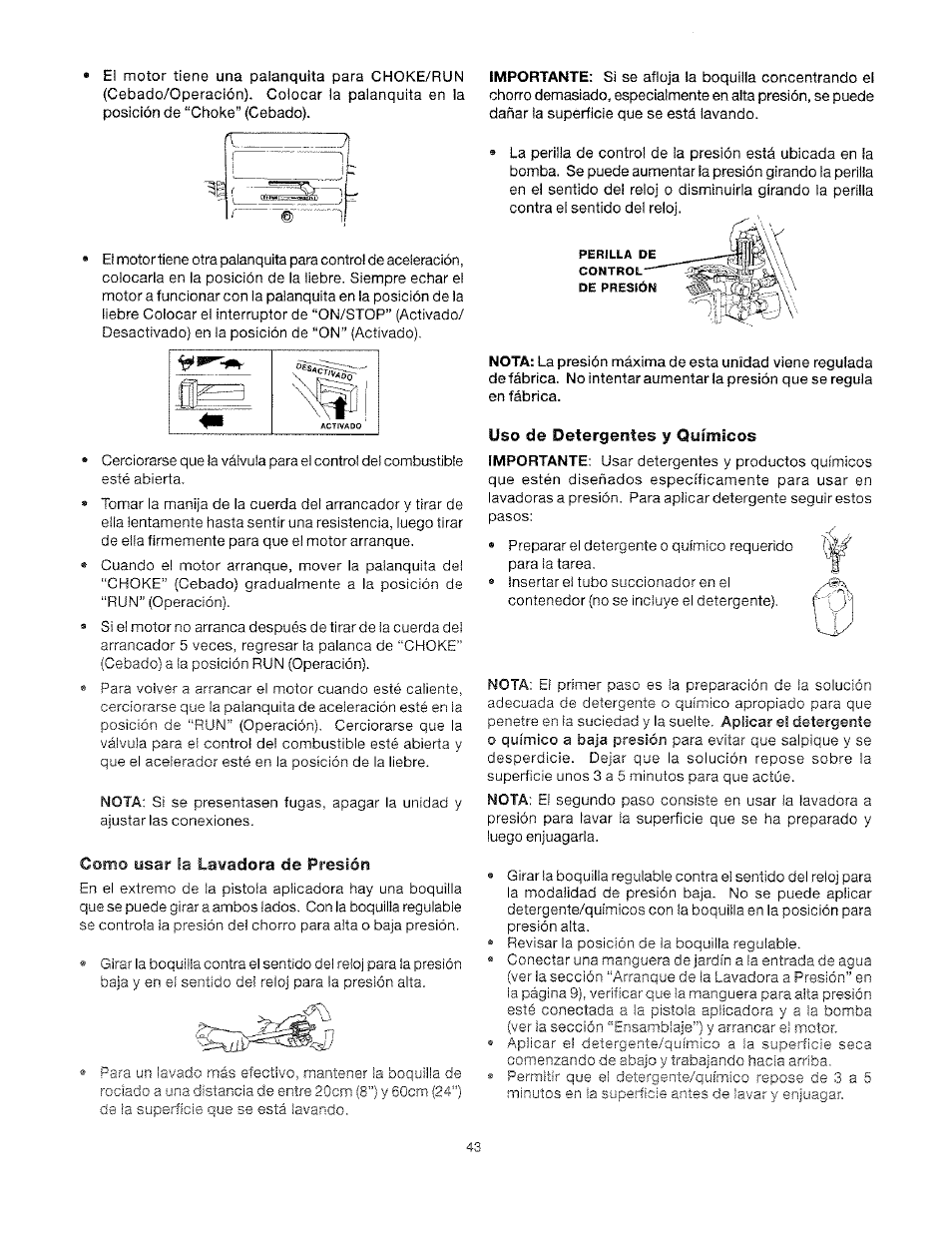 Como usar la lavadora de presión, Uso de detergentes y químicos | Craftsman 919.762500 User Manual | Page 43 / 56